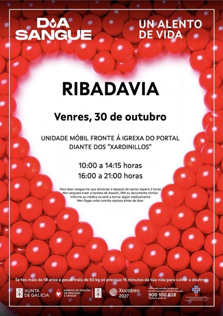 Cartel da campaña de doazón de sangue en Ribadavia o venres 30 de outubro